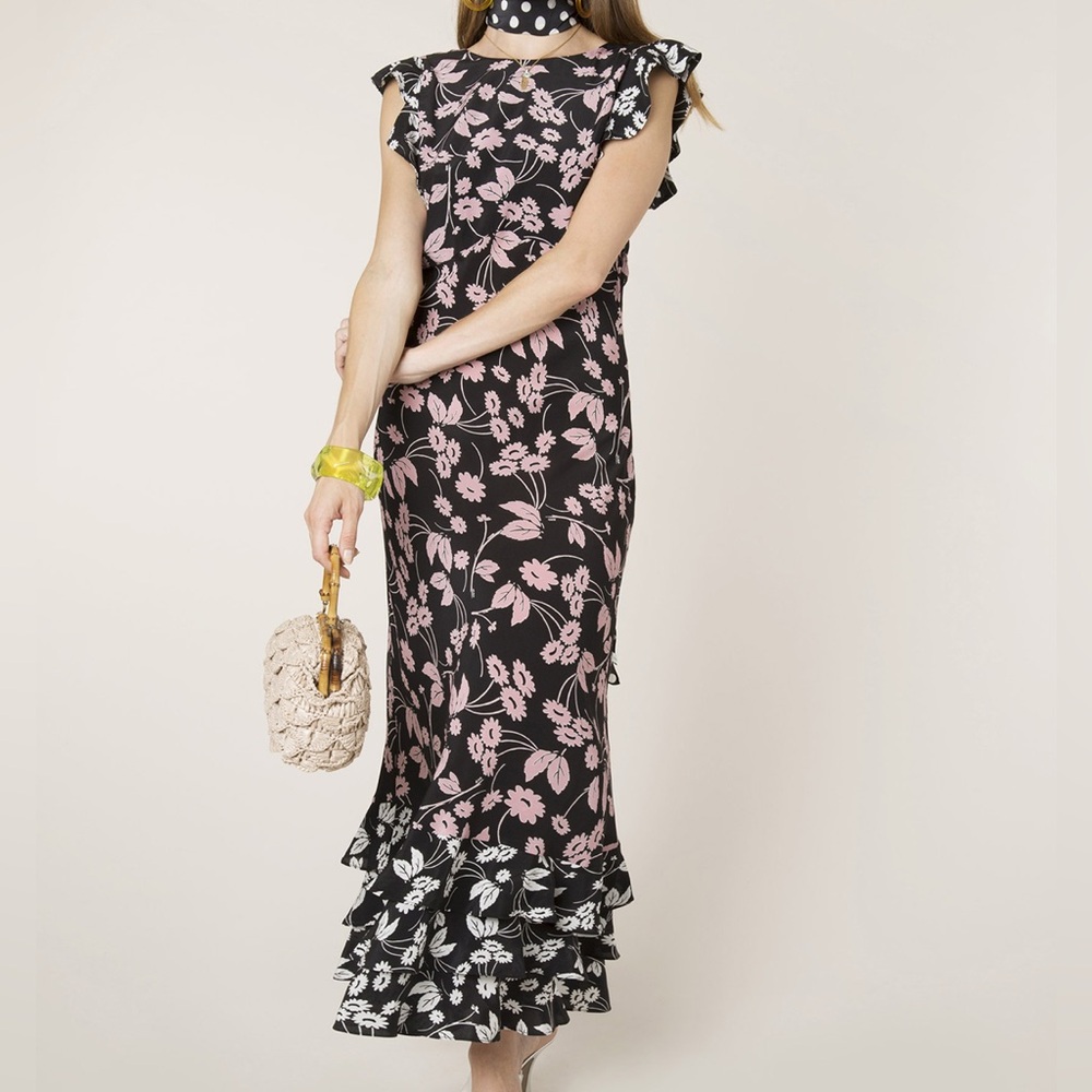 RIXO Isabelle Silk Black and Pink Floral Ruffled Maxi Dress size S